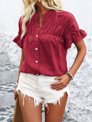 Deep Red gathered yoke blouse with ruffle sleeves and button front.