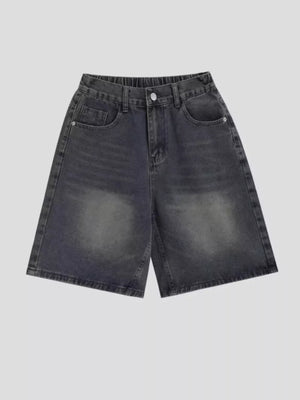Vintage wash relaxed fit denim shorts with elastic waistband and button closure.