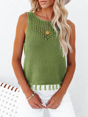 Lime knit tank top with crochet neckline and tassel trim