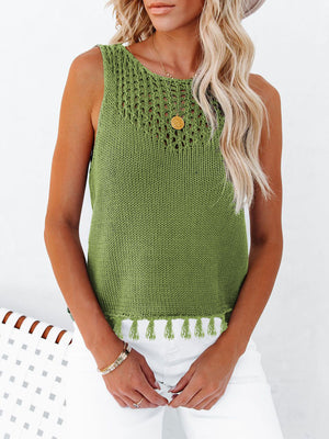 Lime knit tank top with crochet neckline and tassel trim