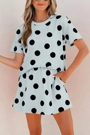 Light blue polka dot two-piece set with crew neck top and shorts.