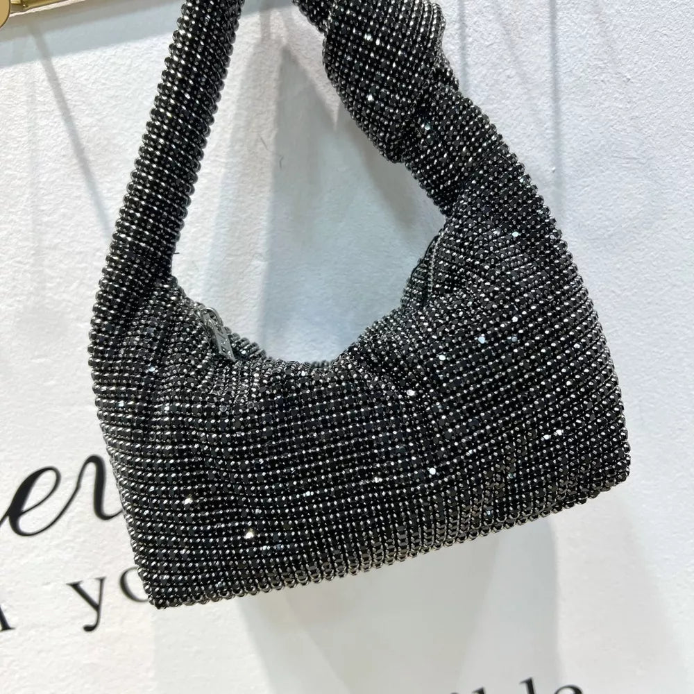 Black rhinestone crescent tote bag with knotted strap