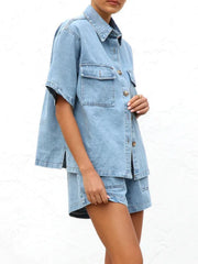 Light wash denim co-ord set with short sleeve button-up shirt and utility shorts.