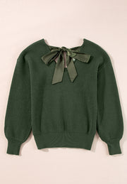 Dark green ribbed knit sweater with a satin bow detail on the back neckline.