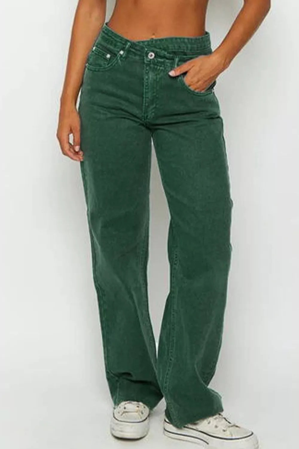 Green cotton jeans with crossed v-waist and straight leg