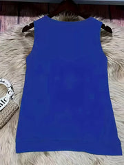 Blue V-neck ruched tank top with eyelet accents, sleeveless, basic style.