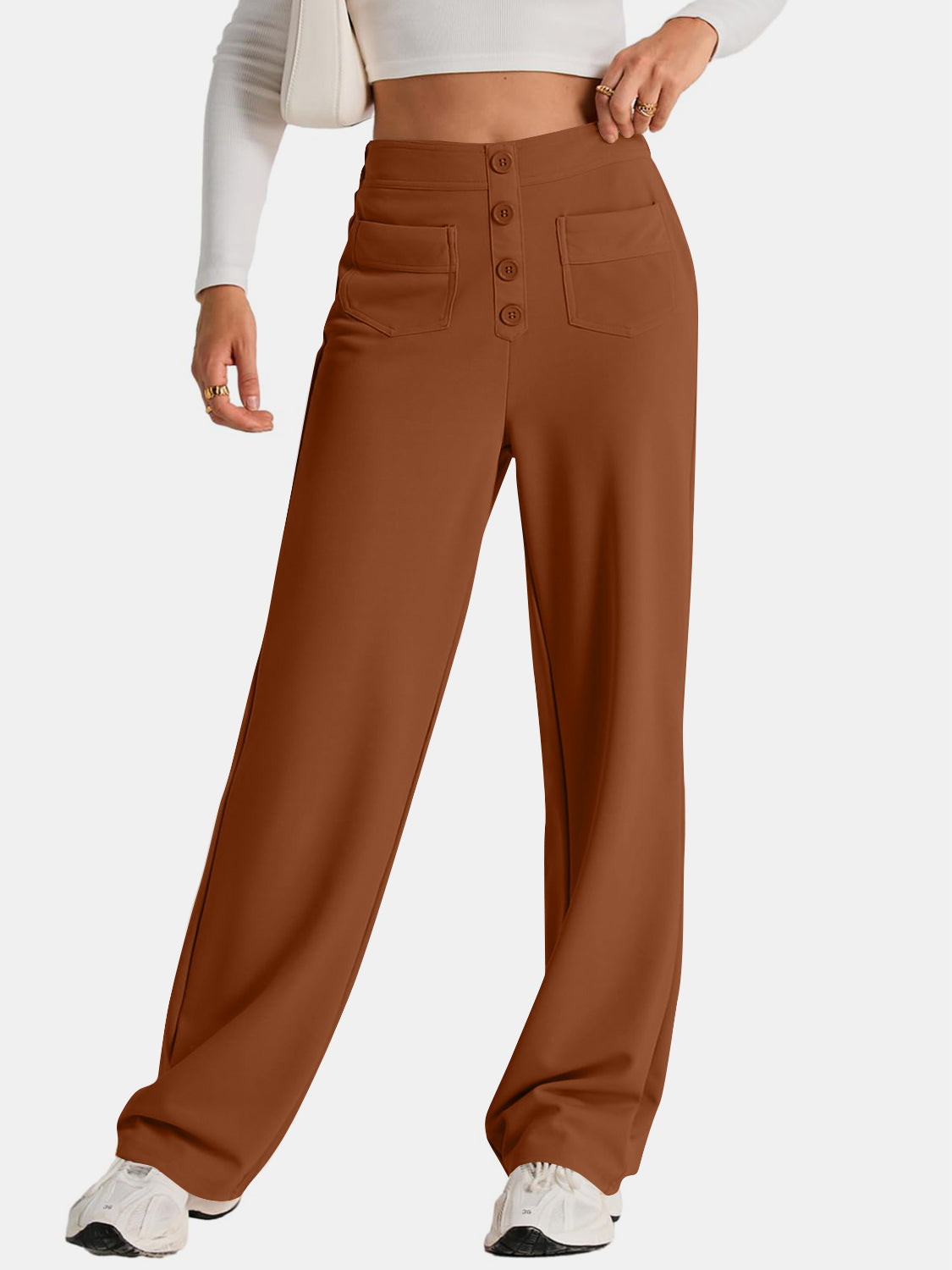 Button-front palazzo trousers in caramel with flap pockets and a high waist.