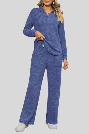 Dusty Blue ribbed knit lounge set with collar and pockets.