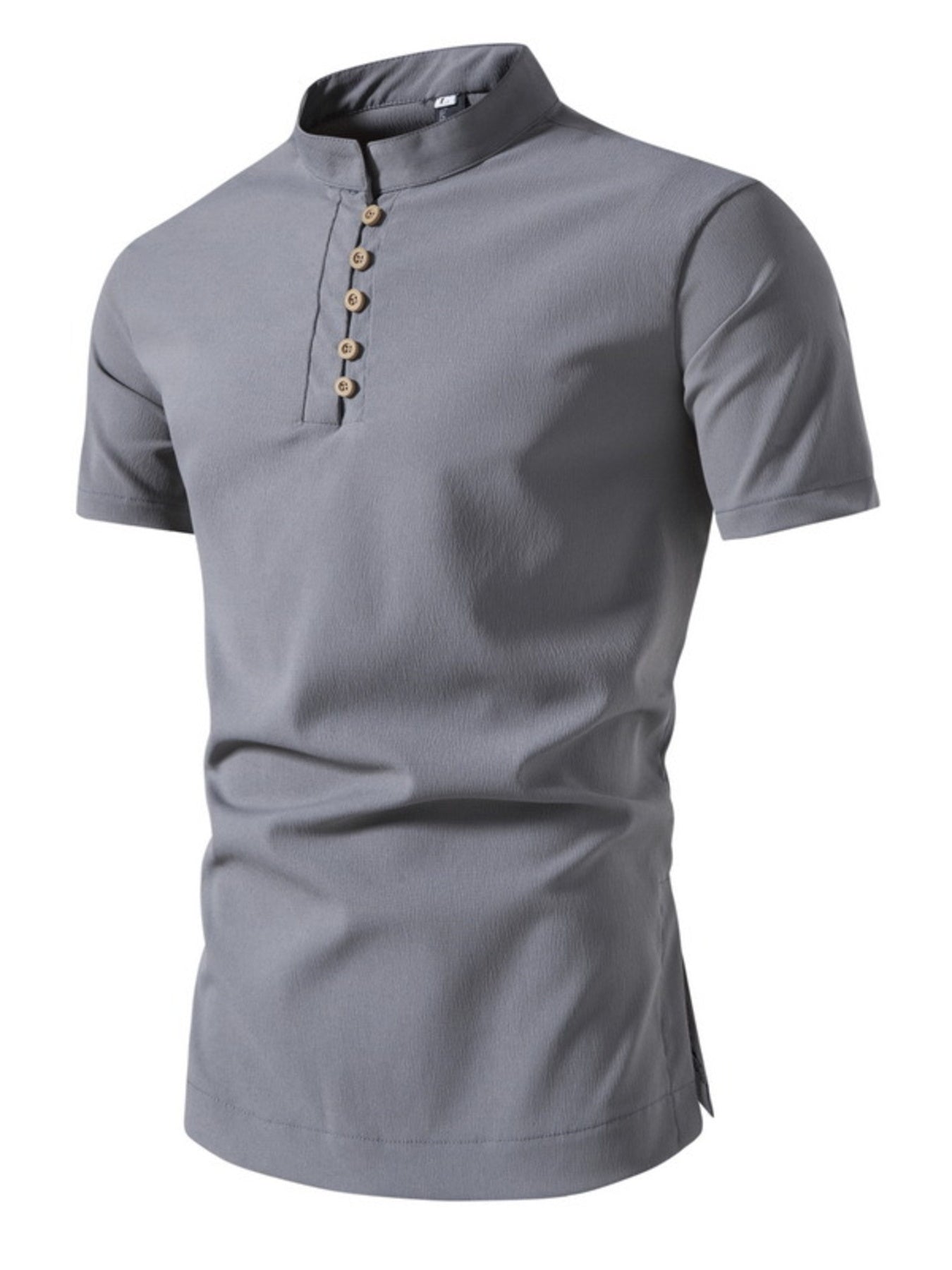 Gray cotton short sleeve shirt with band collar and button detail