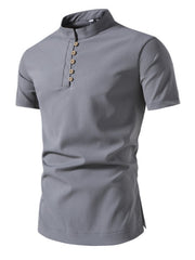 Gray cotton short sleeve shirt with band collar and button detail