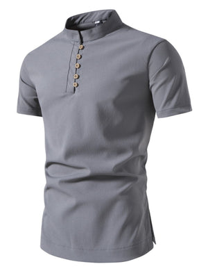 Gray cotton short sleeve shirt with band collar and button detail