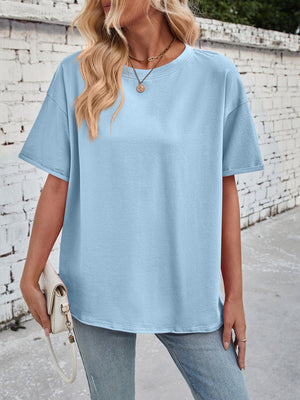 Light Blue oversized cotton tee with seam details and a crew neck.