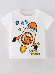 White cotton crew neck t-shirt with rocket graphic and tiger pilot, "321 LIFT OFF!" text.