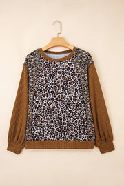 Leopard Floral Print Ribbed Puff Sleeve Sweatshirt in Brown, back view