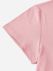 Blush pink polyester t-shirt with short sleeves and double-stitched hem.