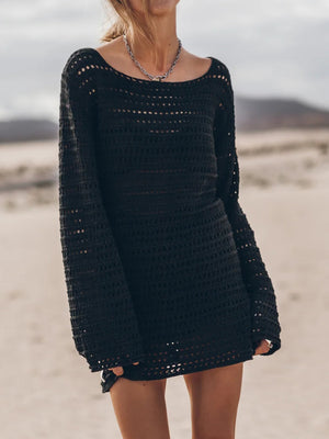 Black crochet mini dress with bell sleeves and open back detail