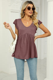 Ribbed mocha v-neck empire waist top with flutter sleeves and a babydoll cut.