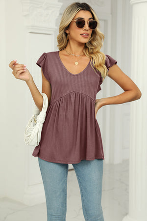 Ribbed mocha v-neck empire waist top with flutter sleeves and a babydoll cut.