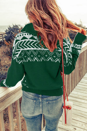 Dark green knit zip-neck pullover sweater with white geometric pattern and collar detail.