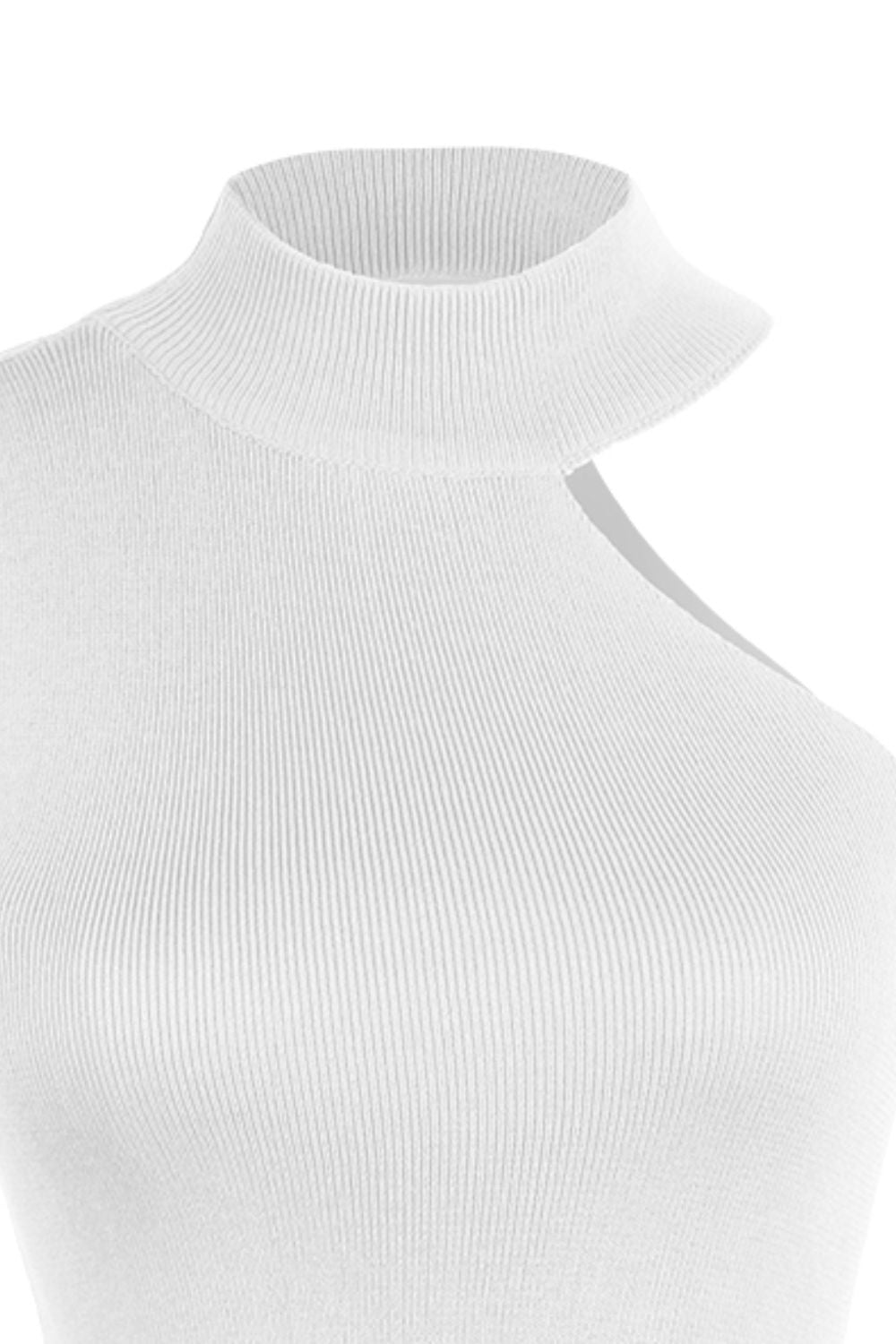 White ribbed knit tank top with asymmetric cut-out detail and mock neck.