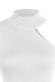 White ribbed knit tank top with asymmetric cut-out detail and mock neck.
