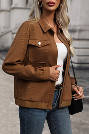 Textured chevron zip-front utility jacket in burnt umber with a button-flap chest pocket.