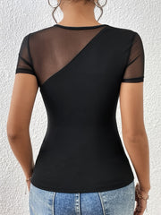 Black asymmetric mesh cutout bodysuit with short sleeves and sheer neckline detail.