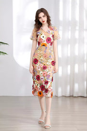 Embroidered Floral Puff Sleeve Midi Dress