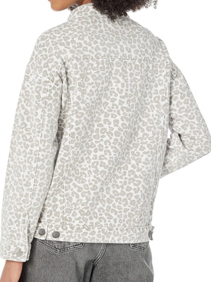 White stone washed denim jacket with leopard print, button front and cuffs.