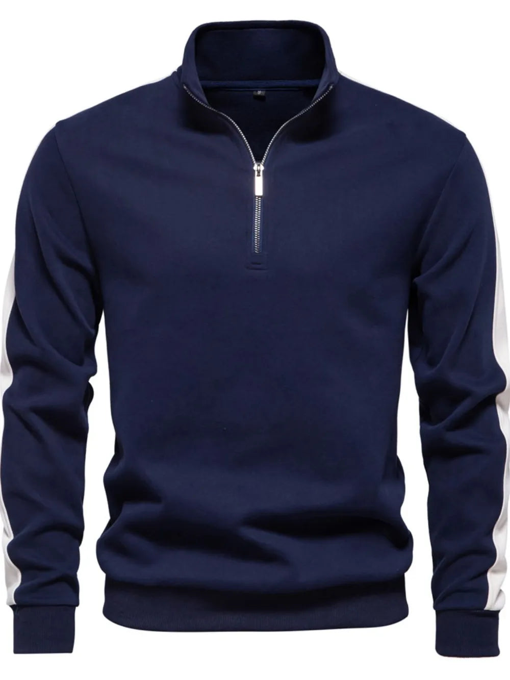 Navy quarter-zip sweatshirt with white side stripes on sleeves and a silver zipper.