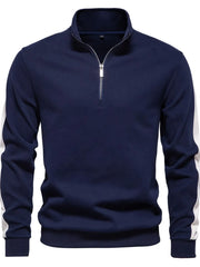 Navy quarter-zip sweatshirt with white side stripes on sleeves and a silver zipper.