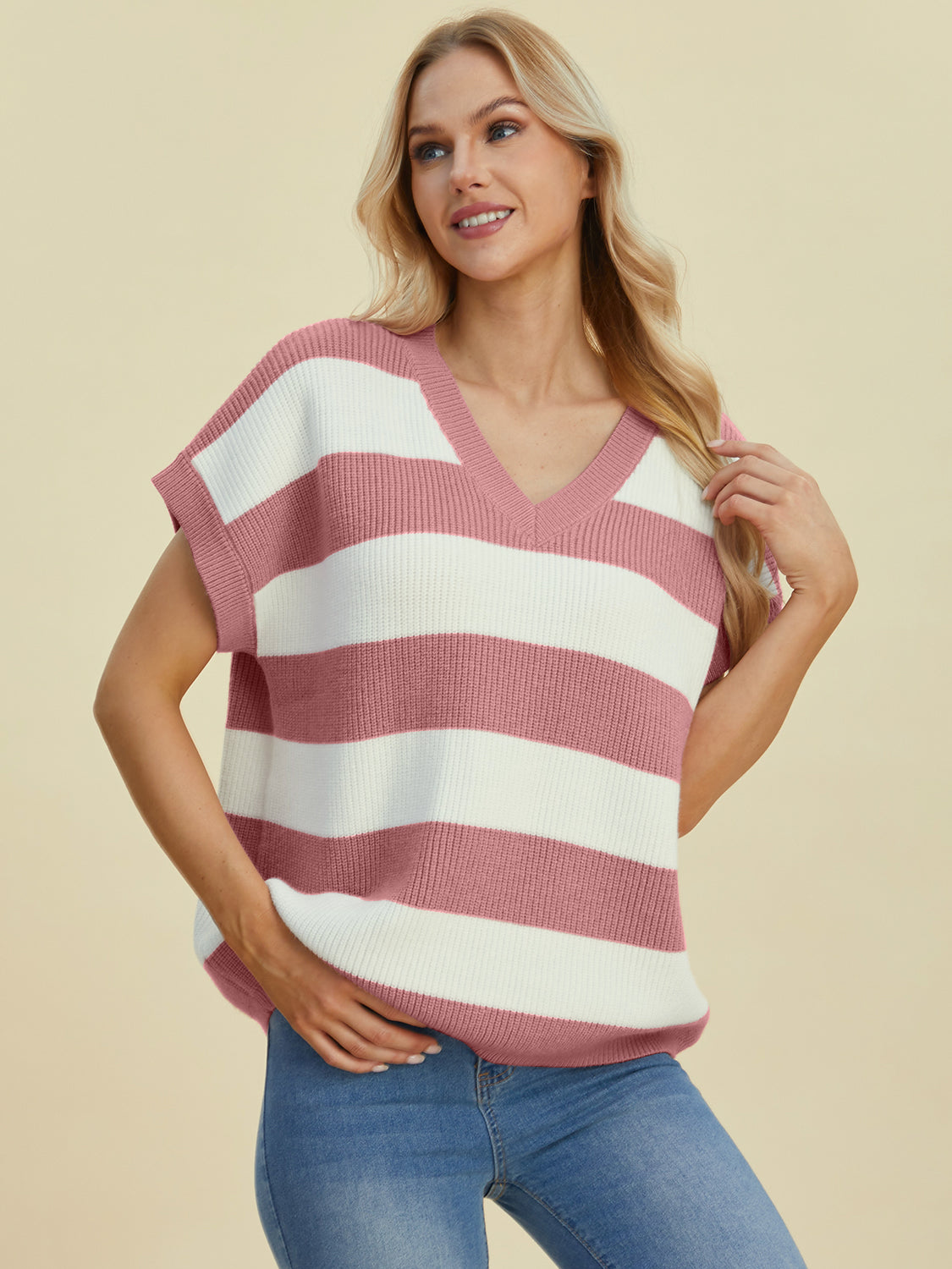 Bold Stripe Cap-Sleeve Knit Top in Dusty Pink and white, V-neck, relaxed fit