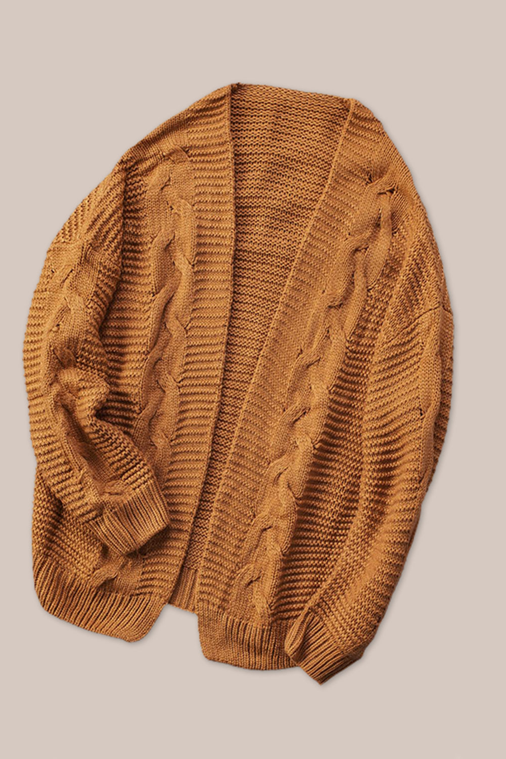 Camel cable knit open-front cocoon cardigan with ribbed cuffs and hem