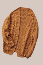 Camel cable knit open-front cocoon cardigan with ribbed cuffs and hem