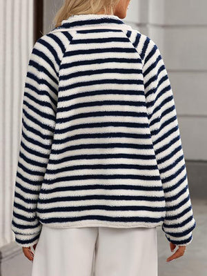 Dark blue and white striped sherpa button-up jacket with a collar.