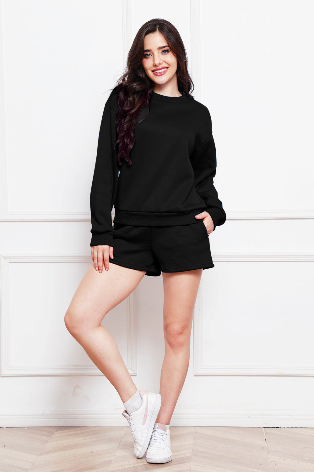 Black crewneck sweatshirt and pocket shorts loungewear set