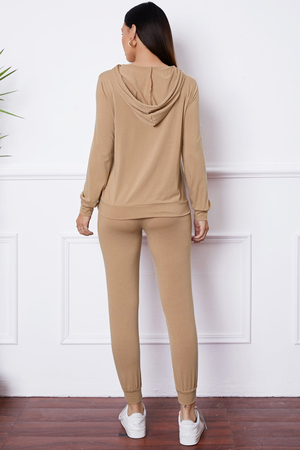 Khaki loungewear set with a hooded sweatshirt and jogger pants.