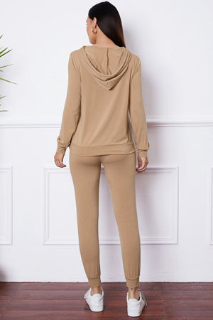 Khaki loungewear set with a hooded sweatshirt and jogger pants.