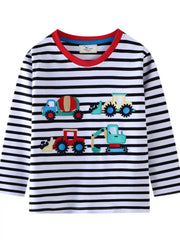 Black and white striped long sleeve tee with construction vehicle applique design and red trim neckline.
