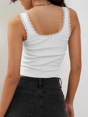 White ribbed knit cami with lace trim detail