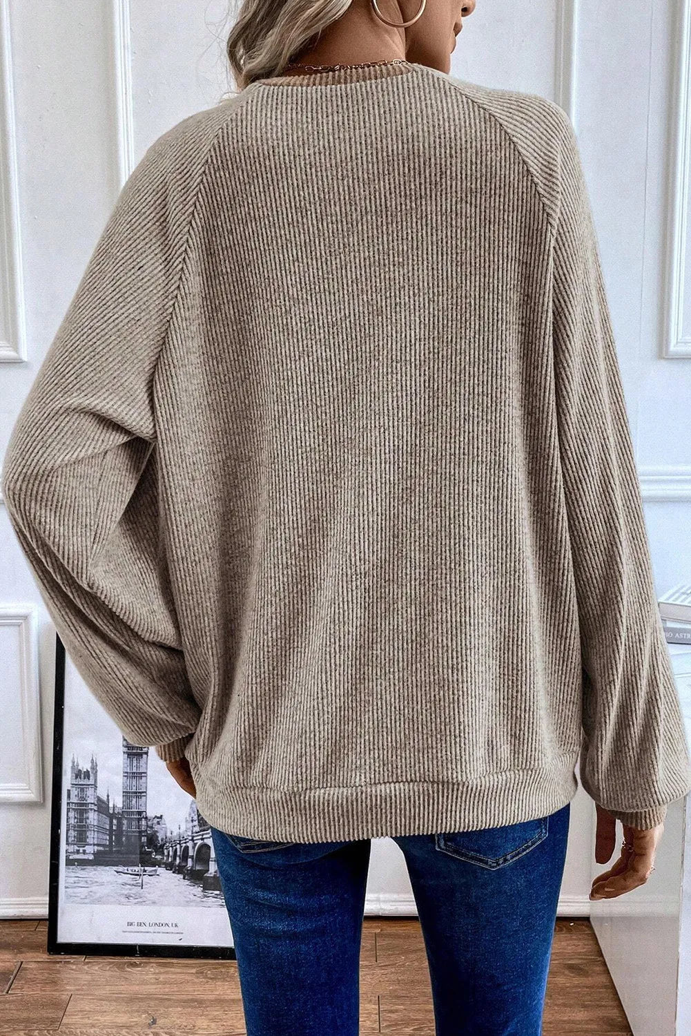 Mocha ribbed henley shirt with contrast collar detail, long sleeves, and crew neck.