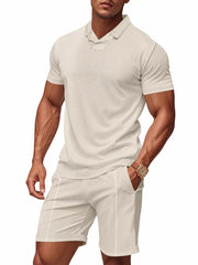 Men's two-piece set with textured polo shirt and jogger shorts in Khaki.