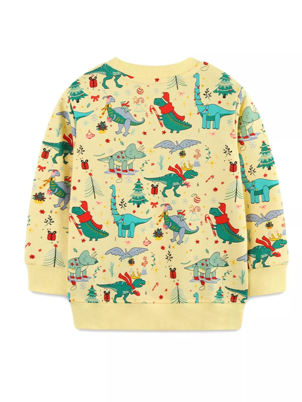 Yellow cotton crew neck toddler sweatshirt with festive dinosaur Christmas print.