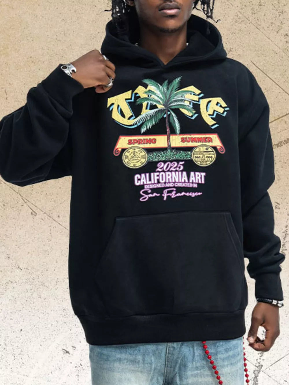 Men's Graphic Kangaroo Pocket Hoodie in White, front view