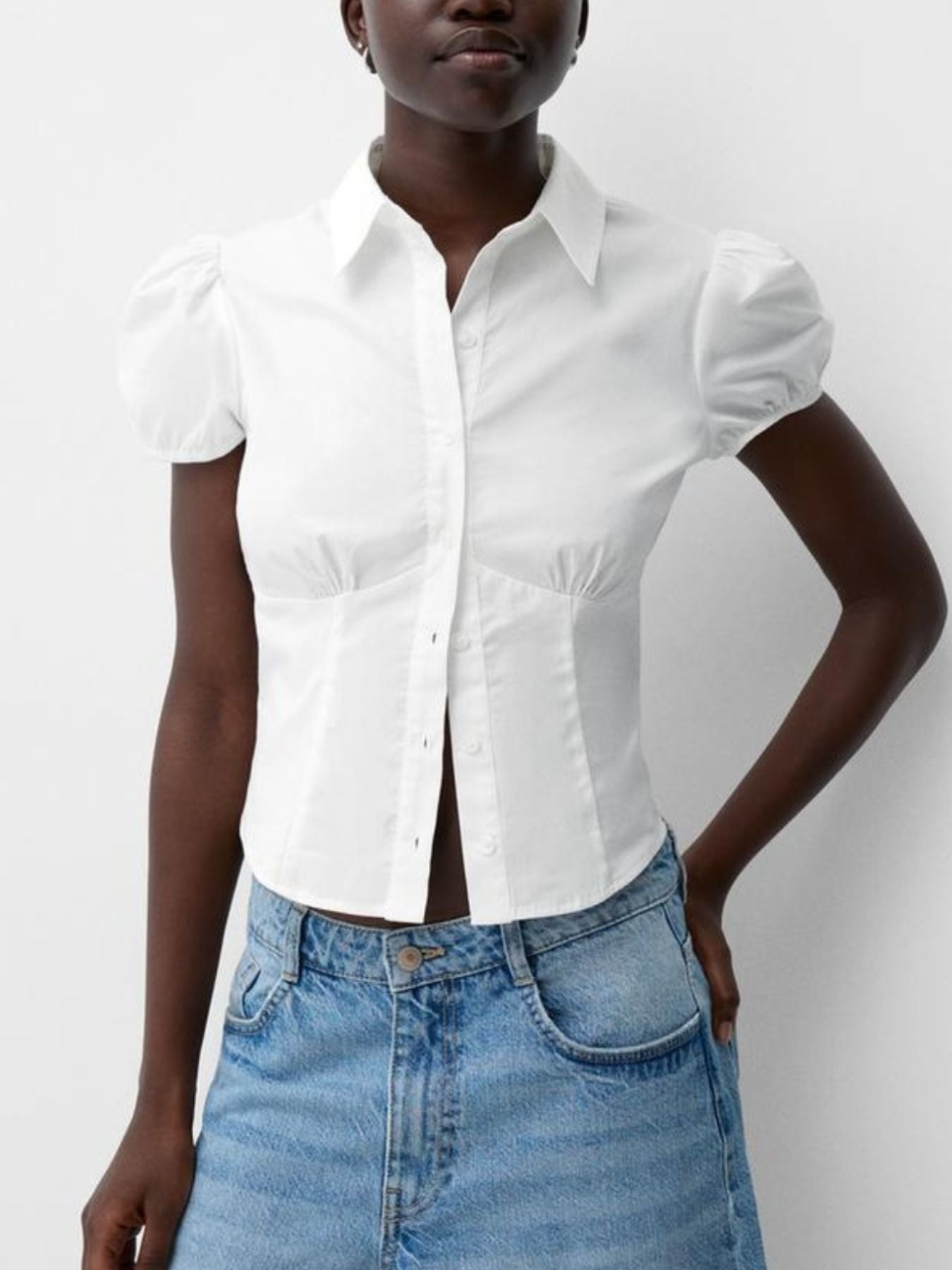 White button up maternity shirt with puff sleeves and gathered waist