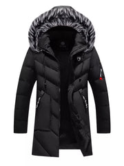 Men's black longline padded puffer jacket with faux fur hood and zip pockets.