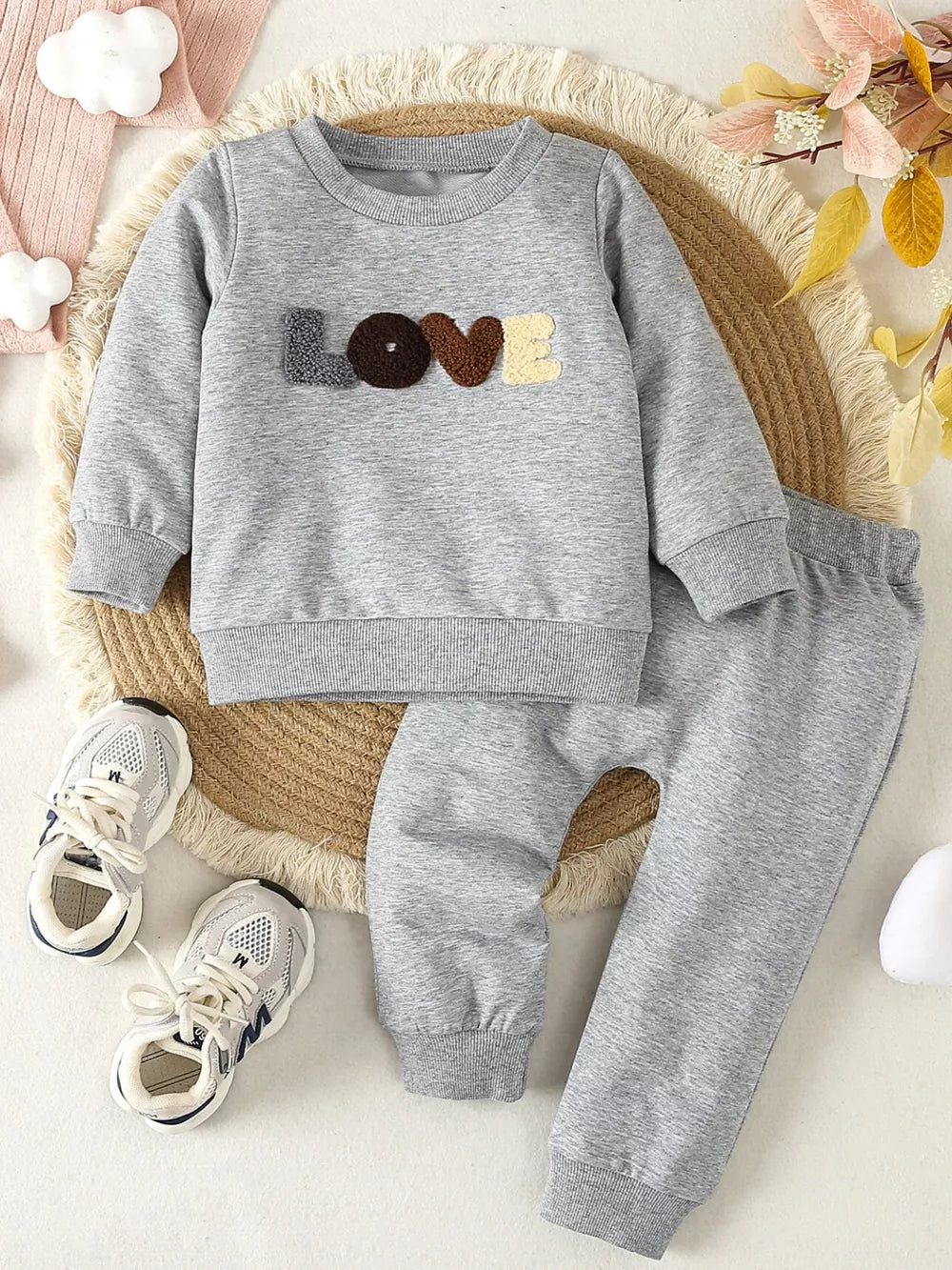 Children's Letter Round Neck Top And Pants Set in Gray, front view