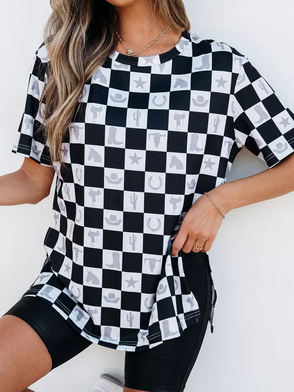 Western Checkerboard Print Side Split T-shirt in Black, front view