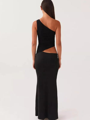 Black one-shoulder maxi dress with cutout detail and fitted skirt.