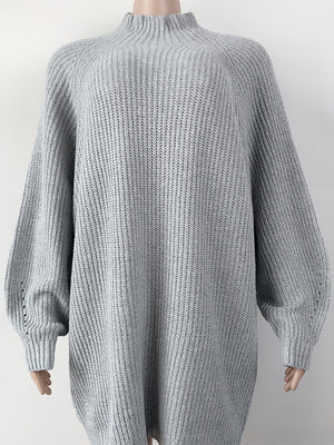 Ribbed knit cocoon turtleneck dress in Cloudy Blue acrylic with balloon sleeves and a relaxed fit.